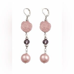 Pink Rose Carved Bead & Pearl Drop Earrings Romantic Cottagecore